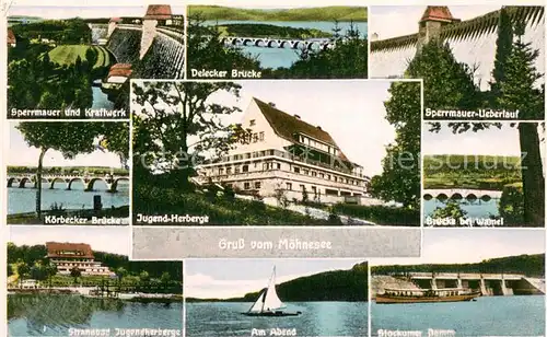AK / Ansichtskarte Moehnesee Sperrmauer Delecker Bucht Koerbecker Bruecke Jugendherberge Standbad  Stockumer Damm Moehnesee