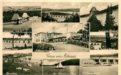 AK / Ansichtskarte Koerbecke_Moehnesee Sperrmauer Delecker Bruecke Viadukt Strandbad Stockumer Damm Wamelbruecke Sperrmauer ueberlauf Koerbecke Moehnesee