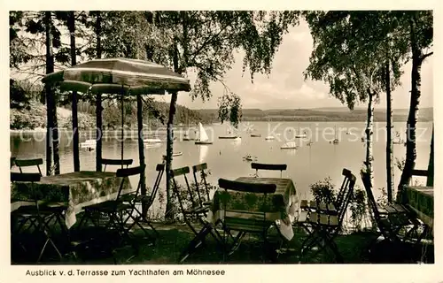 AK / Ansichtskarte Koerbecke_Moehnesee Cafe Restaurant Seeblick Terrasse Yachthafen Koerbecke Moehnesee