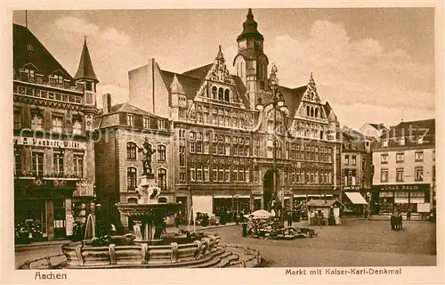 AK / Ansichtskarte Aachen Aachener Markt mit Geschaeften Kaiser Karl Denkmal Aachen