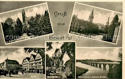 AK / Ansichtskarte Soest_DE_NRW Grosser Teich mit Wiesenkirche Dom und Petrikirche Markt Osthofen Tor Moehnetalsperre Delecker Bruecke 