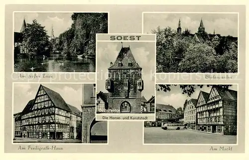 AK / Ansichtskarte Soest_DE_NRW Am grossen Teich Bluetenzauber Osthofentor Am Freiligrath Haus Am Markt 