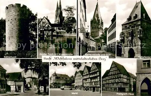 AK / Ansichtskarte Soest_DE_NRW Kattenturm Grosser Teich mit Wiesenkirche Rathausstrasse Dom Osthofentor Jakobitor Markt Freiligrath Haus 
