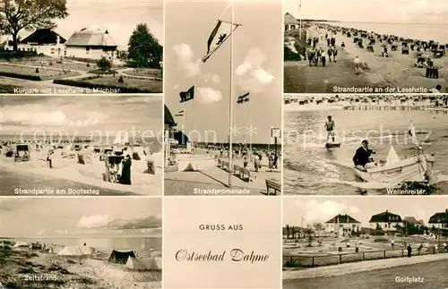 AK / Ansichtskarte Dahme_Ostseebad_Holstein Kurpark Lesehalle Strand Bootssteg Promenade Wellenreiten Zeltstrand Golfplatz 