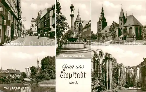 AK / Ansichtskarte Lippstadt Strassenpartie Bernhardbrunnen Marienkirche Lippepartie Stiftsruine Lippstadt