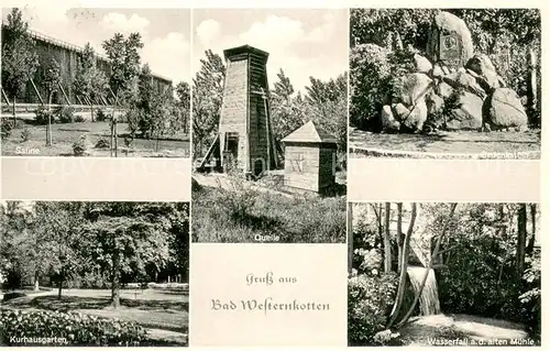 AK / Ansichtskarte Bad_Westernkotten Saline Quelle Gedenktafeln Kurhausgarten Wasserfall Bad_Westernkotten