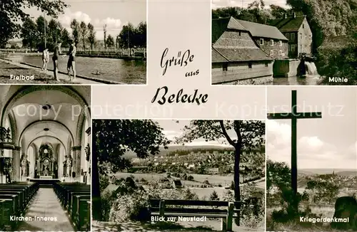 AK / Ansichtskarte Bad_Belecke Freibad Muehle Kirche Inneres Panorama Kriegerdenkmal Bad_Belecke