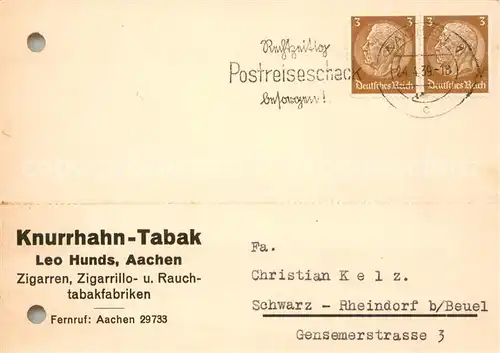 AK / Ansichtskarte Aachen Knurrhahn Tabak Tabakfabrik Geschaeftskarte Aachen