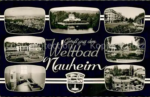 AK / Ansichtskarte Bad_Nauheim Stadtpanorama Teichhaus Kurhaus Konzertpavillon Trinkkuranlage Kuranwendung Bad_Nauheim
