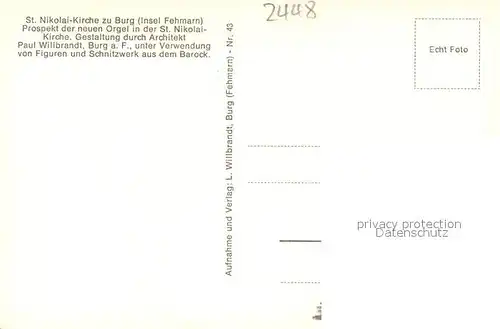 AK / Ansichtskarte Burg_Fehmarn St. Nikolai Kirche Neue Orgel Burg Fehmarn