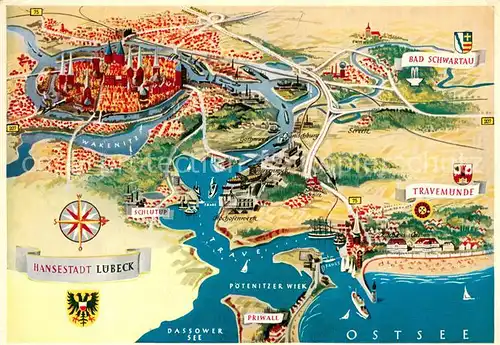 AK / Ansichtskarte Luebeck Original Seidel Karte Karte Luebeck und Travemuende Luebeck