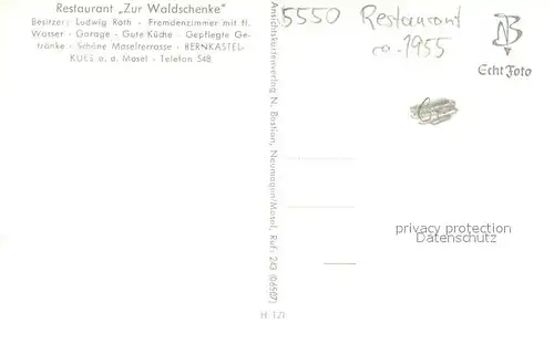 AK / Ansichtskarte Bernkastel Kues Restaurant Zur Waldschenke  Bernkastel Kues