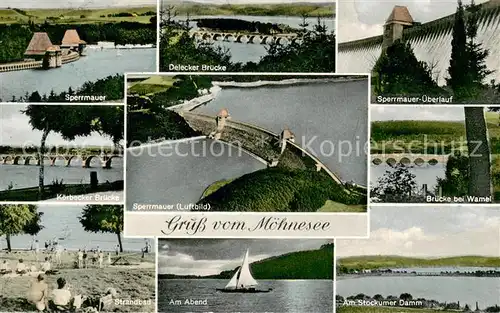 AK / Ansichtskarte Moehnesee Sperrmauer ueberlauf Delecker Bruecke Koerbecker Bruecke Bruecke bei Wamel Strandbad Am Abend Am Stockumer Damm  Moehnesee