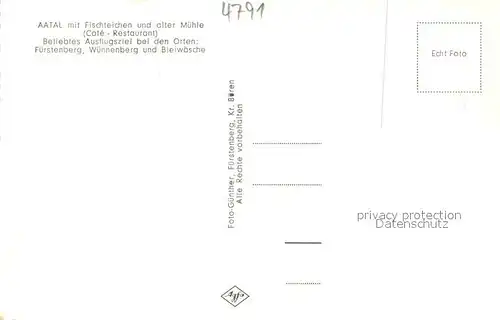 AK / Ansichtskarte Wuennenberg mit Fuerstenberg und Bleiwaesche im Aatal mit Fischteichen und alter Muehle Restaurant Wuennenberg