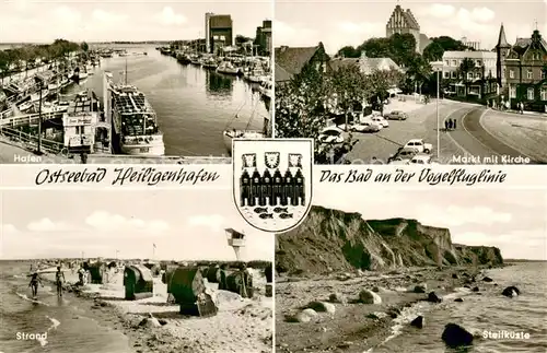 AK / Ansichtskarte Heiligenhafen_Ostseebad Hafen Markt mit Kirche Strand Steilkueste Heiligenhafen_Ostseebad