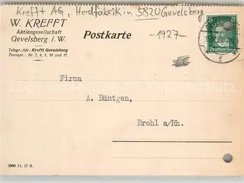 AK / Ansichtskarte Gevelsberg Krefft Aktiengesellschaft Herdfabrik Bestellkarte Gevelsberg