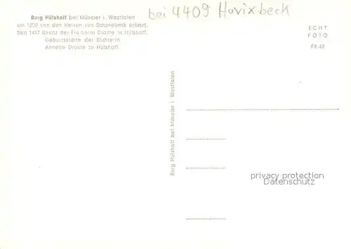 AK / Ansichtskarte Muenster_Westfalen Burg Huelshoff Geburtsstaette der Dichterin Annette Droste zu Huelshoff Muenster_Westfalen