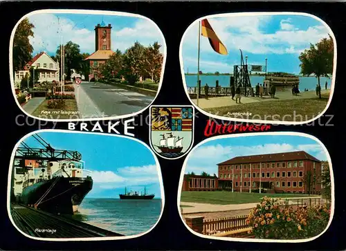 AK / Ansichtskarte Brake_Unterweser Kaje mit Telegraph Aussenkaje Fahrgastschiff Pieranlage Rathaus Wappen Brake Unterweser
