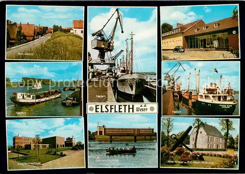 AK / Ansichtskarte Elsfleth Haeuser am Deich Hafen Schiffskran Seefahrtsschule Bahnhof Alter Anker Heye Stiftung  Elsfleth