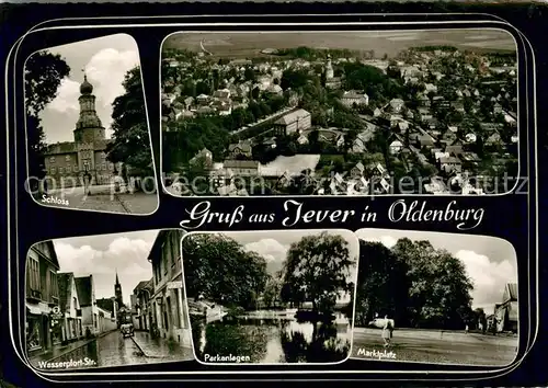 AK / Ansichtskarte Jever Schloss Wasserpfort Strasse Parkanlagen Marktplatz Fliegeraufnahme Jever