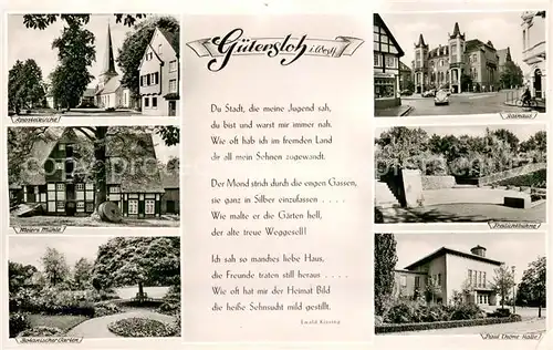 AK / Ansichtskarte Guetersloh Gedicht Botanischer Garten Rathaus Freilichtbuehne Meiers Muehle Apostelkirche Guetersloh