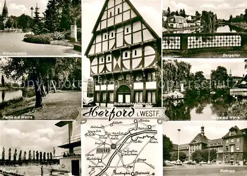 AK / Ansichtskarte Herford Wilhelmplatz Bergertor Partie an der Werre Rathaus Riemenschneiderhaus Herford