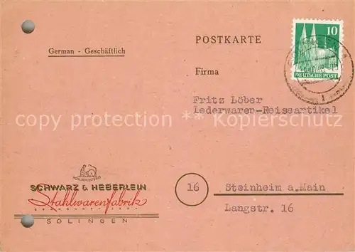 AK / Ansichtskarte Solingen Schwarz und Heberlein Stahlwarenfabrik Geschaeftskarte Solingen