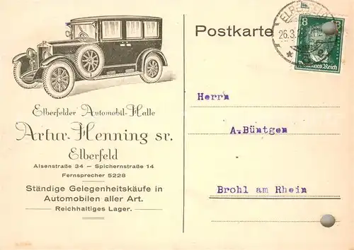 AK / Ansichtskarte Elberfeld_Wuppertal Automobil Halle Artur Henning sr. Geschaeftskarte Elberfeld Wuppertal