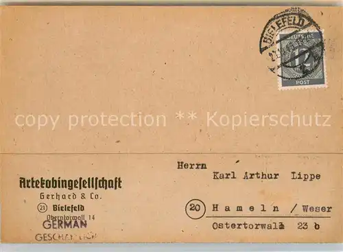 AK / Ansichtskarte Bielefeld Artekobingesellschaft Gerhard und Co.  Geschaeftskarte Bielefeld