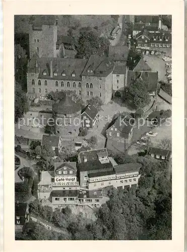 AK / Ansichtskarte Burg_Wupper Fliegeraufnahme Cafe Restaurant Voigt Schlossplatz Reklame Karte Burg Wupper