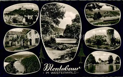 AK / Ansichtskarte Montabaur_Westerwald Schloss Brunnen im Schlosshof Gelbach Kurhotel Waldesruhe Wolfsturm Schwimmbad Panorama Montabaur_Westerwald