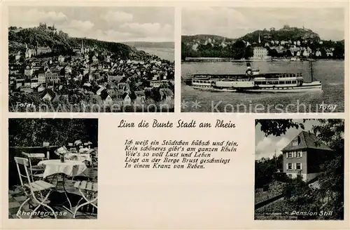 AK / Ansichtskarte Linz_Rhein Total Panorama Rheindampfer Rheinterrasse Pension Still Linz_Rhein