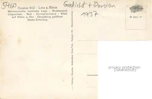 AK / Ansichtskarte Linz_Rhein Total Panorama Rheindampfer Rheinterrasse Pension Still Linz_Rhein