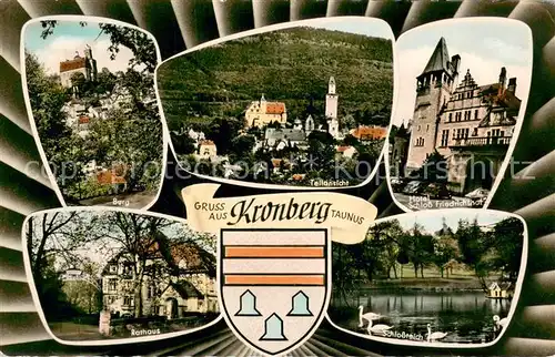 AK / Ansichtskarte Kronberg_Taunus Burg Rathaus Hotel Schloss Friedrichshof Schlossteich Schwaene Wappen Kronberg Taunus