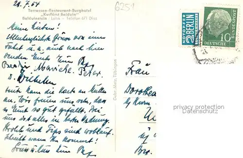 AK / Ansichtskarte Balduinstein Burghotel Kurfuerst Balduin Burgruine Balduinstein