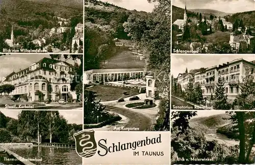 AK / Ansichtskarte Schlangenbad_Taunus Panorama Kurgarten Kurhotel Thermalschwimmbad Sanatorium Landschaftspanorama Schlangenbad_Taunus