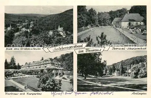 AK / Ansichtskarte Schlangenbad_Taunus Panorama Blick vom Wilhelmfelsen Kurhaus Kurgarten Thermalschwimmbad Parkanlagen Schlangenbad_Taunus