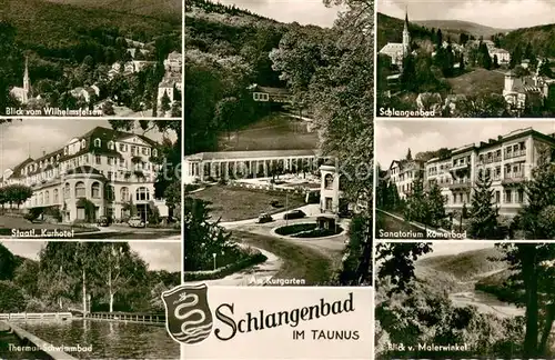 AK / Ansichtskarte Schlangenbad_Taunus Panorama Blick vom Wilhelmsfelsen Kurhotel Thermalschwimmbad Kurgarten Sanatorium Landschaftspanorama Schlangenbad_Taunus