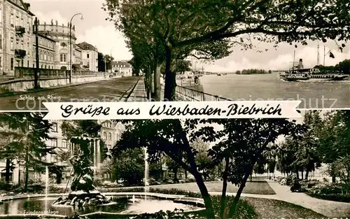 AK / Ansichtskarte Biebrich_Wiesbaden Schloss am Rhein Friedensanlage Brunnen Biebrich_Wiesbaden