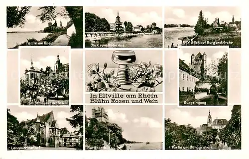 AK / Ansichtskarte Eltville_Rhein Partie am Rhein Langwerther Hof Burg Kirche Rosenbluete Wein Eltville_Rhein