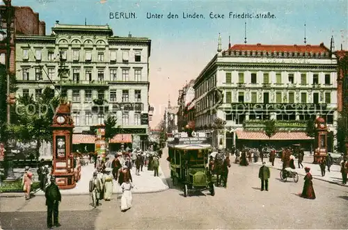 AK / Ansichtskarte Berlin Unter den Linden Ecke Friedrichstrasse Verkehr Standuhr Automobile Victoria Cafe Berlin