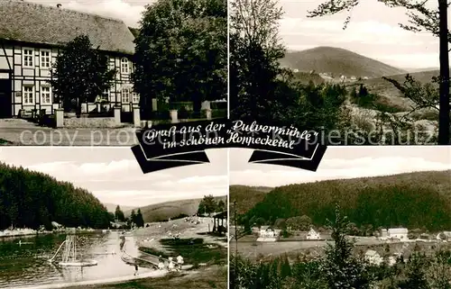 AK / Ansichtskarte Brilon Gaststaette Zur Pulvermuehle Brilon Wald Hoppecketal Freibad Fachwerkhaus Brilon