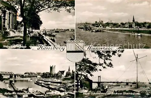 AK / Ansichtskarte Homberg_Duisburg Rheingarten  Terrasse Schiffermast mit Rheinbruecke Hafen mit Hebeturm Homberg Duisburg