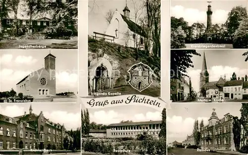 AK / Ansichtskarte Suechteln Irmgardis Kapelle Markt mit Kirche Kreiskriegerdenkmal Rathaus St. Franziskus  Suechteln