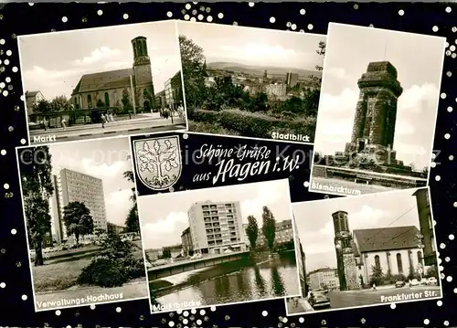 AK / Ansichtskarte Hagen_Westfalen Bismarckturm Markt Bruecke Hagen_Westfalen