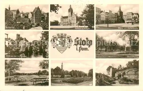 AK / Ansichtskarte Stolp_Pommern Muehlentor Rathaus Markt mit Marienkirche Laufbruecke Bismarckplatz Rosengarten Stadtmauer Stolp Pommern