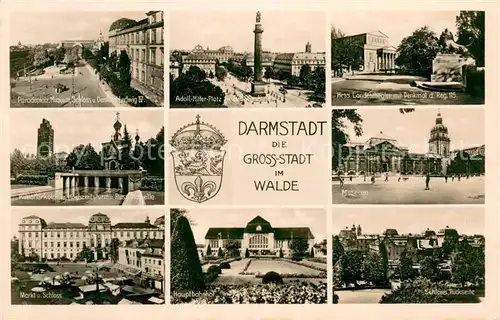 AK / Ansichtskarte Darmstadt Paradeplatz Schloss Museum Denkmal Adolf Hitler Platz Theater Russische Kapelle Markt Bahnhof Wappen Darmstadt