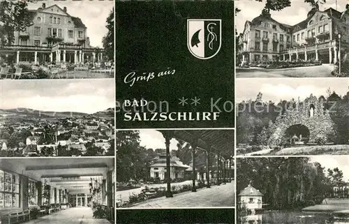 AK / Ansichtskarte Bad_Salzschlirf Teilansichten Kurhaus Kurgarten Mariengrotte Kolonnade Bad_Salzschlirf