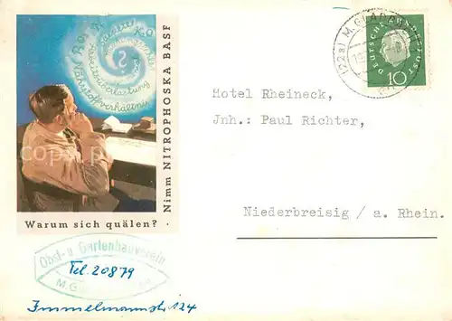 AK / Ansichtskarte Moenchengladbach Obst  und Gartenbauverein M.Gladbach Holl Reklame Karte der BASF Reservierungsbestaetigung Moenchengladbach