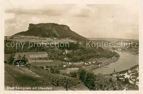 AK / Ansichtskarte Koenigstein_Saechsische_Schweiz Gesamtansicht mit Fels Lilienstein Berghotelstempel Koenigstein_Saechsische